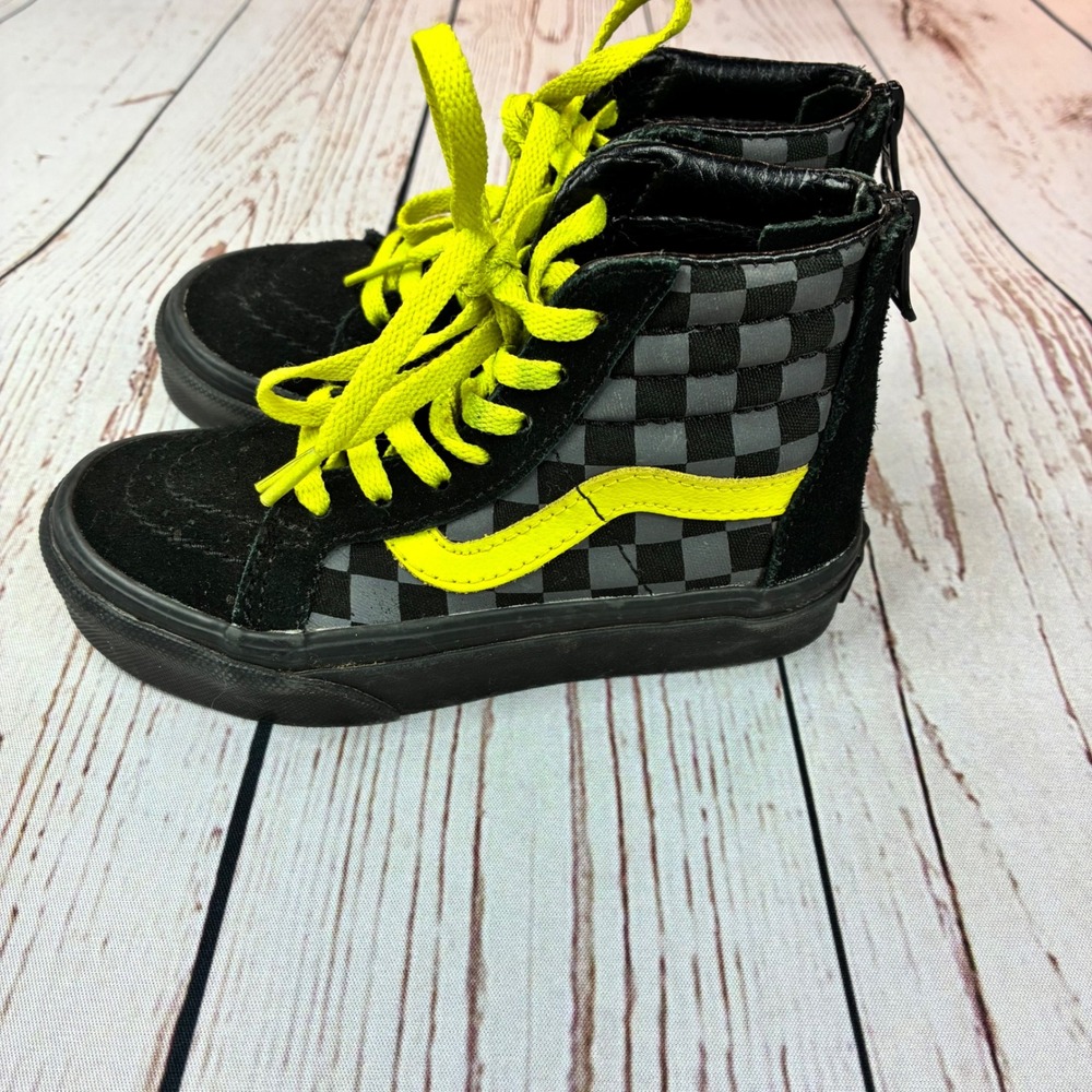 Vans Kids Sk8-Hi Zip Checkerboard Black Neon Yellow Sneakers Size 10.5 721356 - Picture 6 of 7